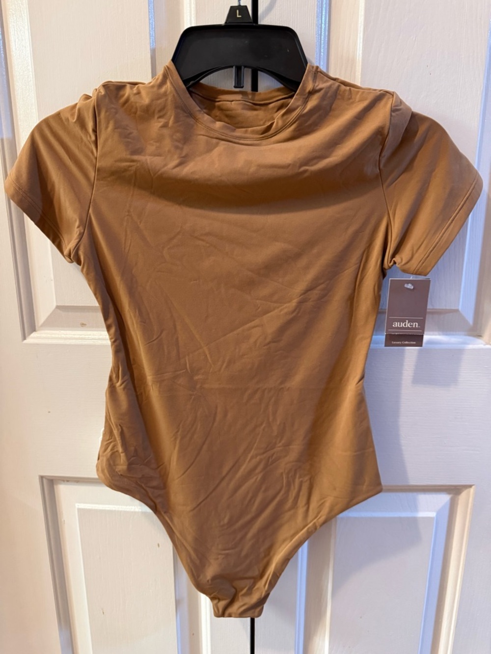 NWT Auden Luxury Collection Stretch Bodysuit Brown Small Short Sleeve Crew Neck